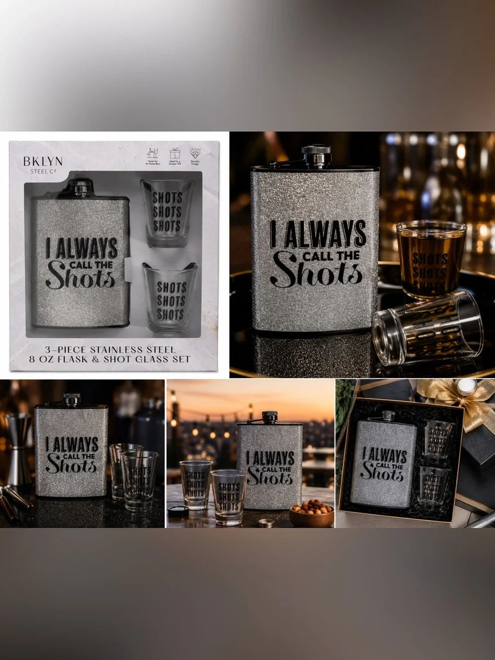 BKLYN Steel Co. Stainless Steel Hip Flask & Shot Glass Set - Silver